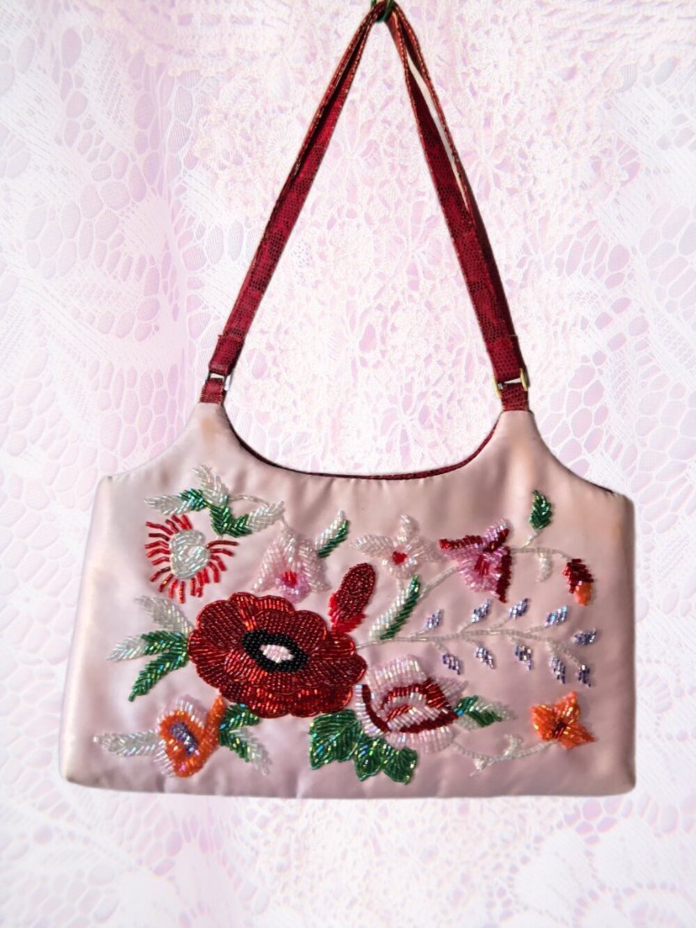 M.E.L Vintage Y2k Floral Bead Embroidery Pink Satin Romantic Evening Bag FLAWED